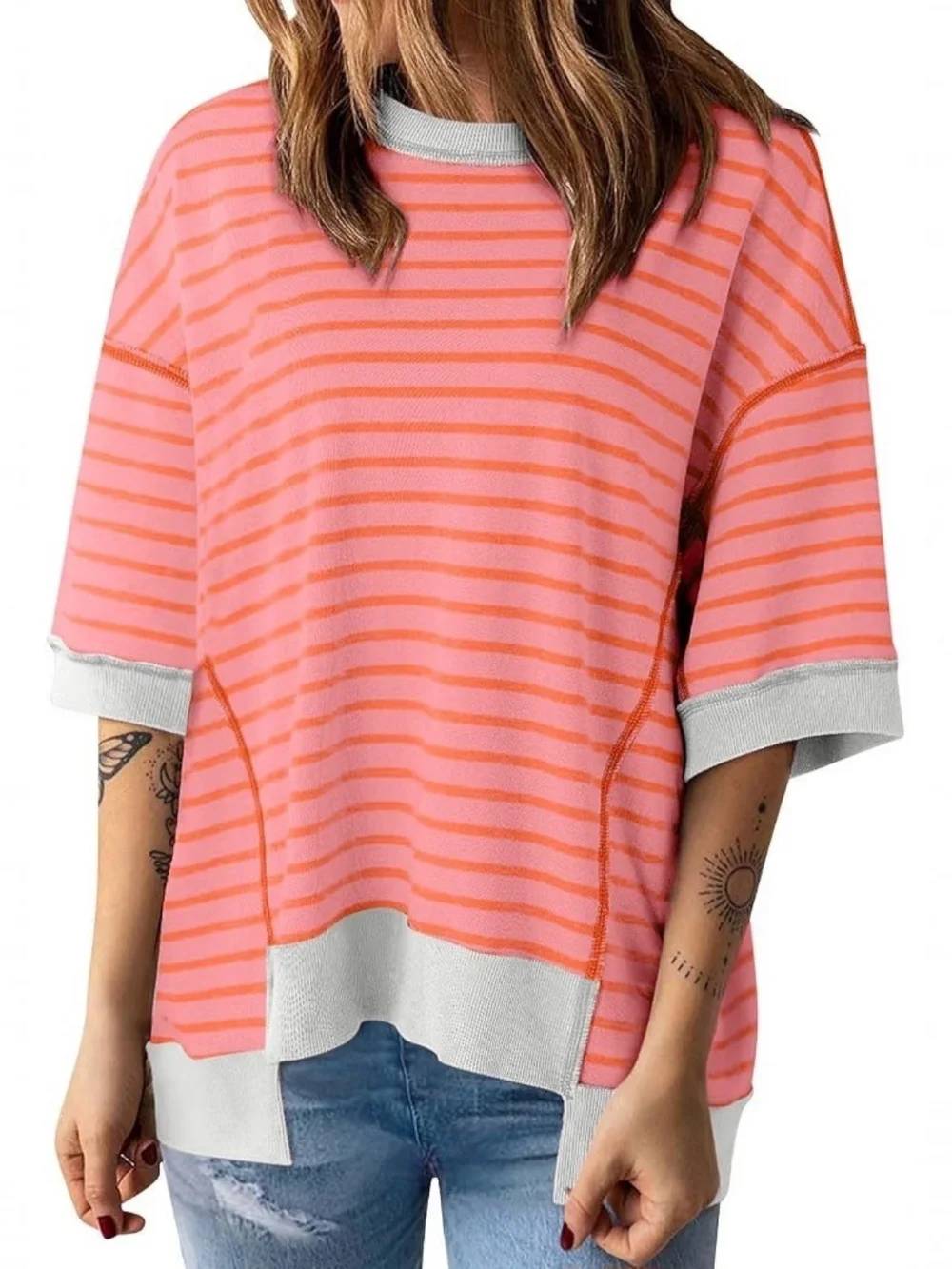 Amazon Women's Pink & Coral Striped Short Sleeve Top / Size L